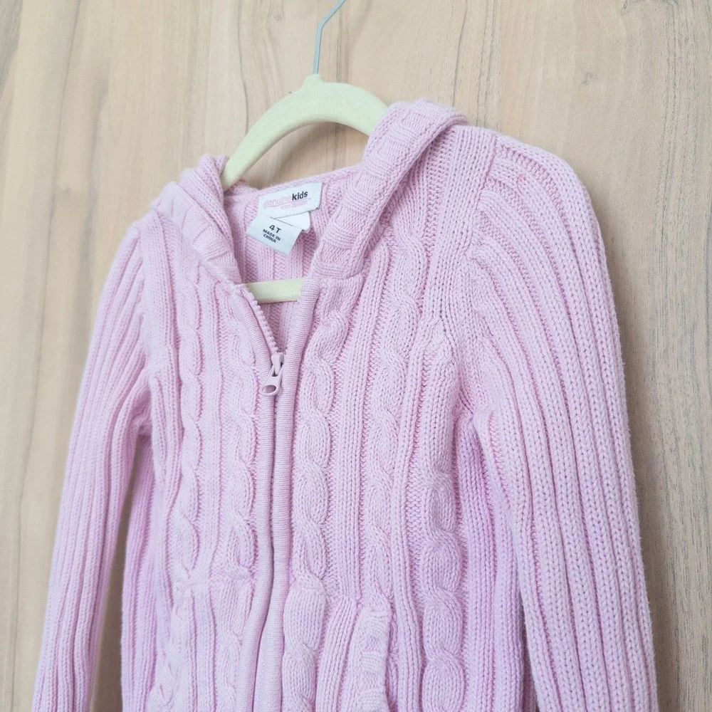 Vintage Osh Kosh Girls Sweater 4T Pink Cable Knit Hooded Zip‎ Up Cardigan Preppy
